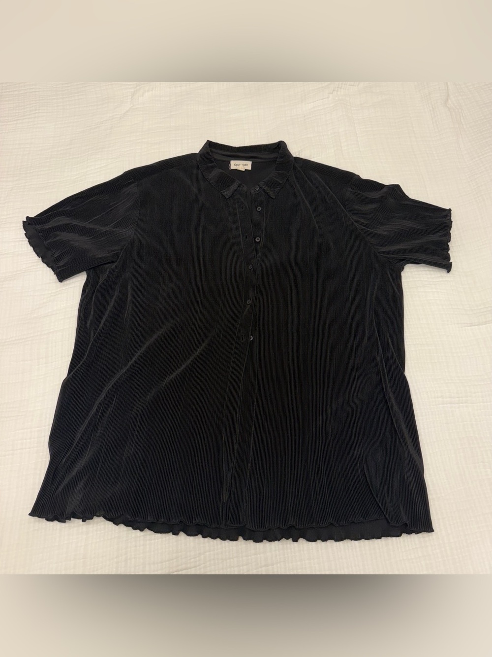 open edit black plissé short sleeve button-up top
